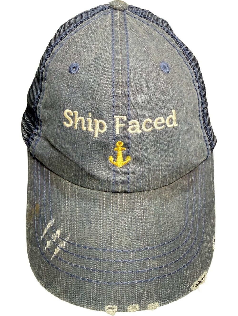 Ship Faced Anchor Logo Denim Trucker Hat Mesh Back Strapback Cap Distressed Blue - Picture 1 of 11